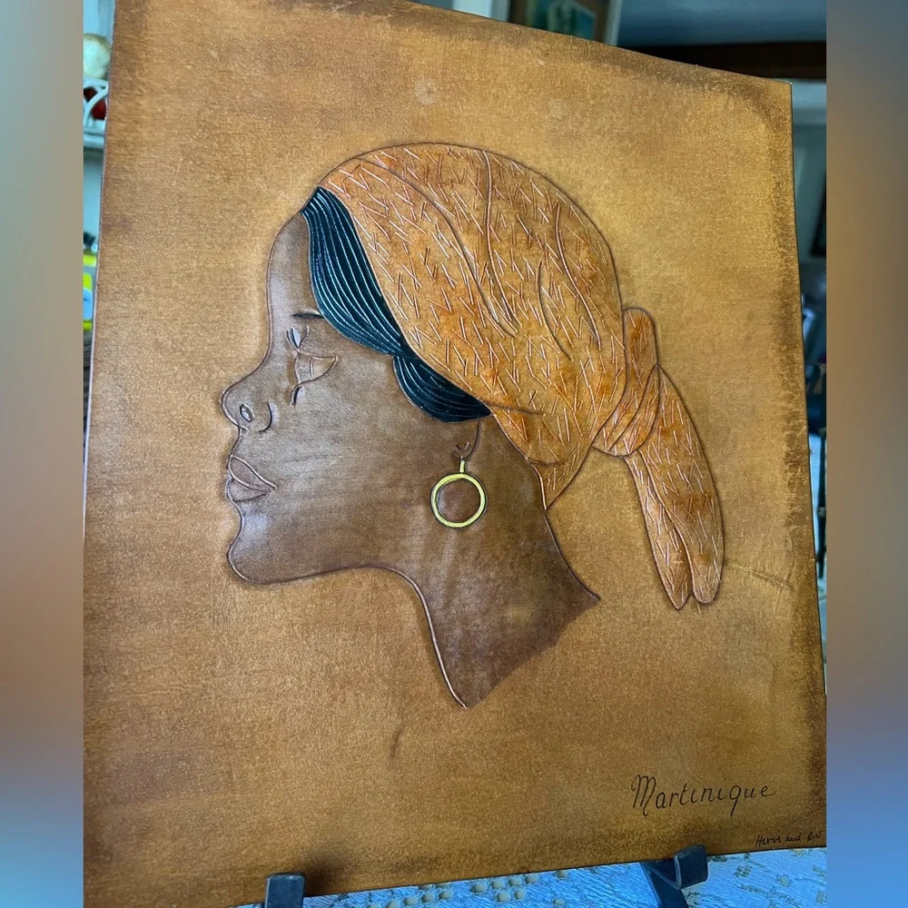 80’s Martinique Golden Tanned Tooled Leather Creole Girl w/Knotted Madras - Picture 5 of 5
